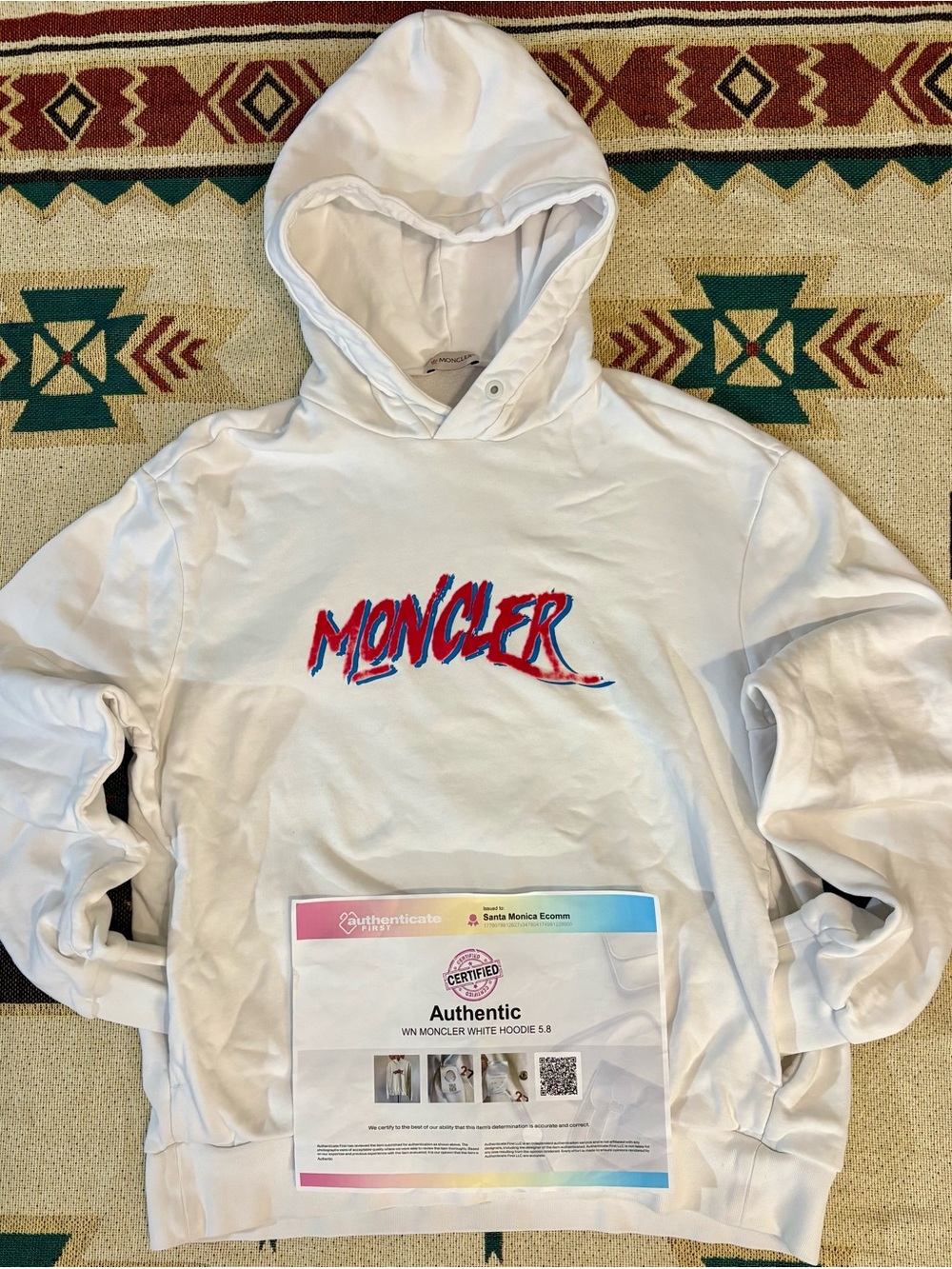 Moncler White Hoodie with Red & Blue Script Logo
